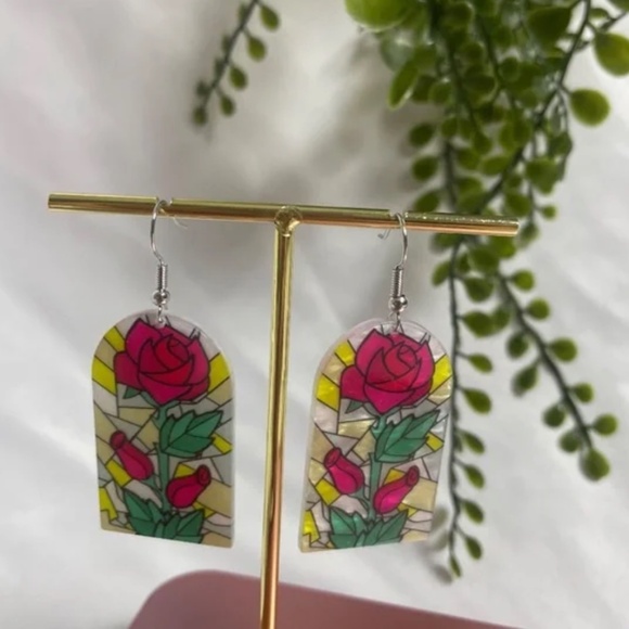 ❤️ FREE Window Stained Glass Tapestry Floral Chic Glam Art Artsy Drop Earrings - Picture 5 of 5